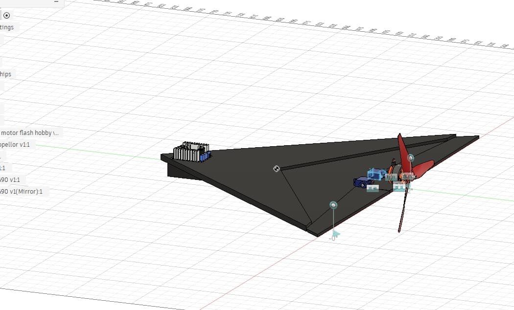 CAD model of the Tensorflux delta-wing airframe with motor, ESC, and propulsion hardware placed