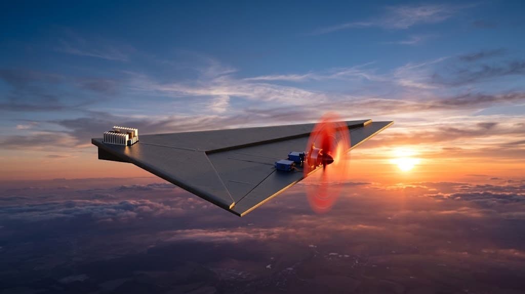 Tensorflux delta-wing airframe concept in flight at sunset, avionics and propulsion visible on the wing surface