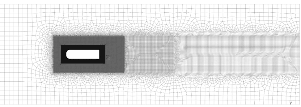 Refined computational mesh around the D-shaped bluff body with near-wake local refinement